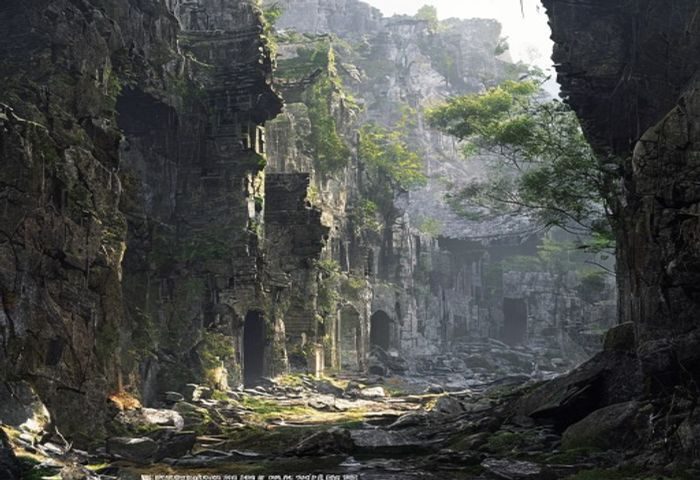 琉璃川山谷深处古旧石砌建筑遗址，青苔爬满墙缝，晨光斜射，历史沧桑感扑面而来，与没落贵族的兴衰叙事高度契合