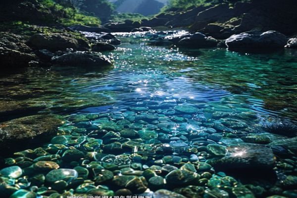 琉璃川溪流底部特殊矿石在阳光下发出蓝绿色光泽，当地称为琉璃显光，画面清澈通透，神秘感十足