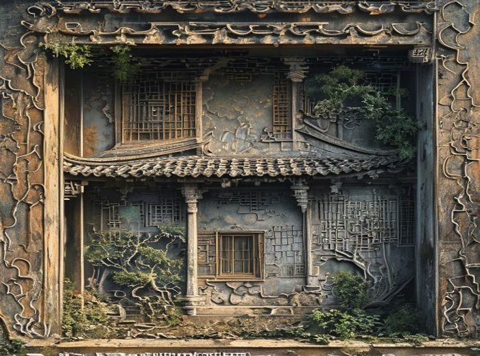 琉璃川璃月楼残垣近景，三层断壁上雕刻的云纹图案依稀可辨，野草从砖缝中生长，苍凉与精致并存，历史感极强