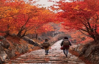 琉璃川秋季满山红叶，古石板路蜿蜒穿行其中，一名旅行者背包独行，画面暖色调，诗意盎然