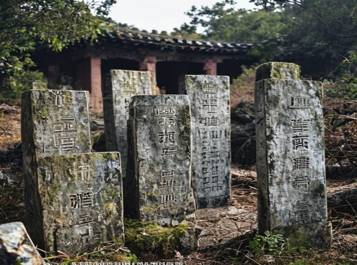 琉璃川贵族祠堂石碑群，二十余块石碑散落山坡，碑面布满苔藓，部分碑文仍清晰可读，周围枯草与古树烘托出肃穆氛围